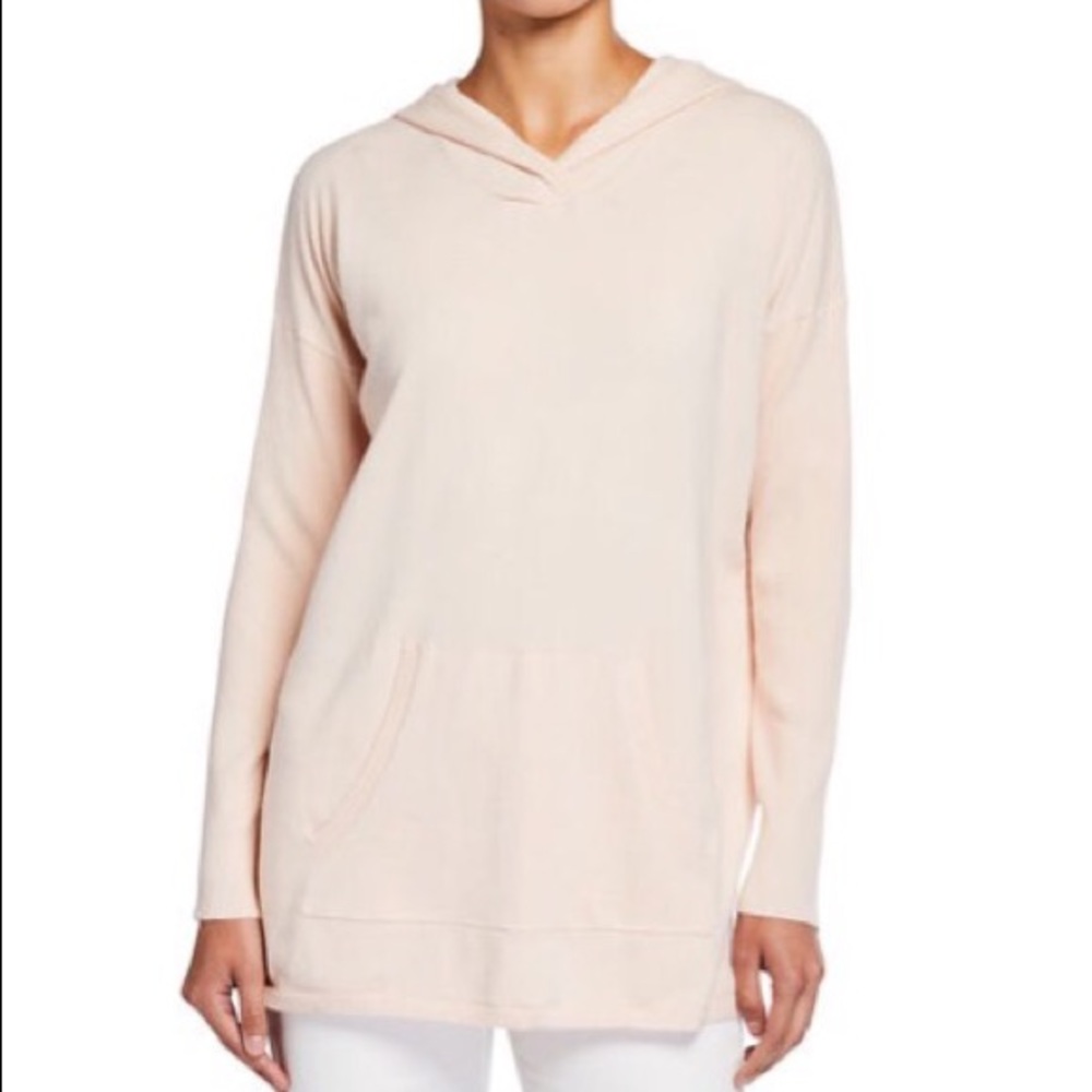 Joan Vass Ribbed Sleeve Hooded Pullover